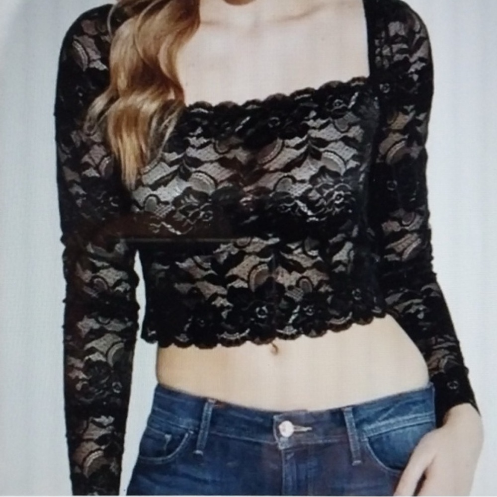 Guess Black Lace Long Sleeve Crop Top NWT